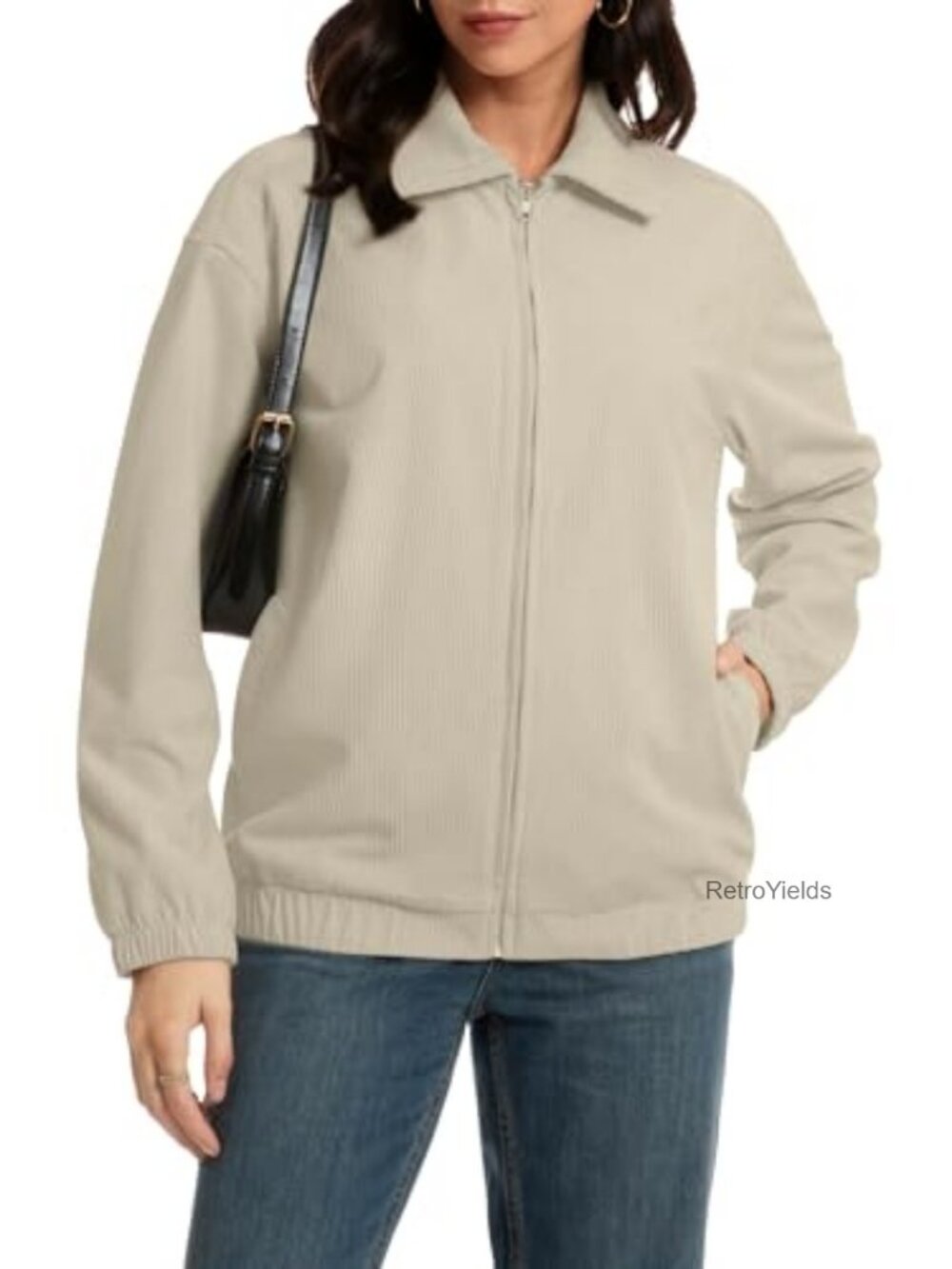 Women's Corduroy Jacket Fall Casual Zip Up Lapel Coat Trendy Winter Barn Jackets - Picture 4 of 7